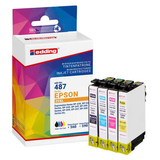 edding EDD-487 schwarz, cyan, magenta, gelb Druckerpatrone kompatibel zu EPSON 29XL / T2996XL, 4er-Set | 18-487/18-487-01 | 1 Pack = 4 St.