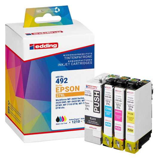 edding EDD-492 schwarz, cyan, magenta, gelb Druckerpatronen kompatibel zu EPSON 27XL / T2711XL/12XL/13XL/14XL, 4er-Set | 18-492/18-492-01 | 1 Pack = 4 St.