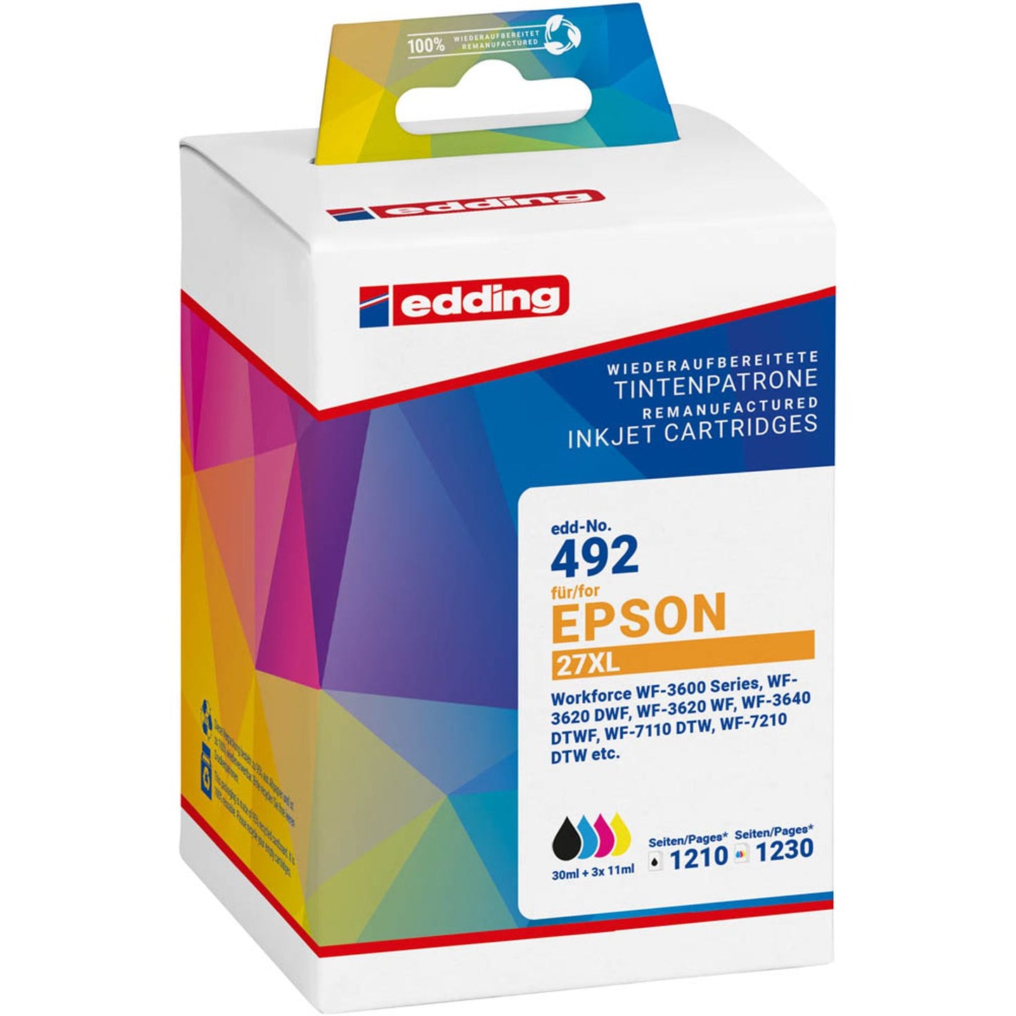 edding EDD-492 schwarz, cyan, magenta, gelb Druckerpatronen kompatibel zu EPSON 27XL / T2711XL/12XL/13XL/14XL, 4er-Set | 18-492/18-492-01 | 1 Pack = 4 St.