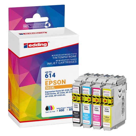edding EDD-614 schwarz, cyan, magenta, gelb Druckerpatronen kompatibel zu EPSON 502XL/T02W64, 4er-Set | 18-614/18-614-01 | 1 Pack = 4 St.