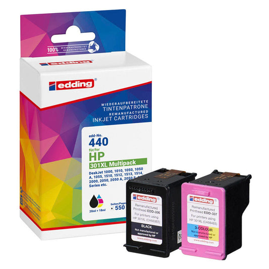 edding EDD-440 schwarz, color Druckerpatronen kompatibel zu HP 301XL (CH563EE/CH564EE), 2er-Set | 18-440 | 1 Pack = 2 St.