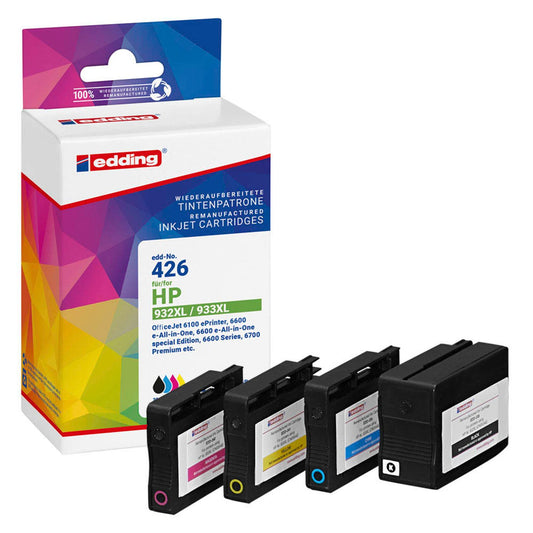 edding EDD-426 schwarz, cyan, magenta, gelb Druckerpatronen kompatibel zu HP 932XL + 933XL (C2P42AE), 4er-Set | 18-426 | 1 Pack = 4 St.