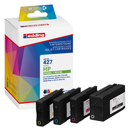edding EDD-427 schwarz, cyan, magenta, gelb Druckerpatronen kompatibel zu HP 950XL + 951XL (C2P43AE), 4er-Set | 18-427 | 1 Pack = 4 St.