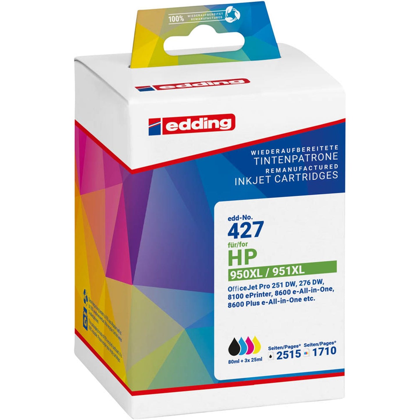edding EDD-427 schwarz, cyan, magenta, gelb Druckerpatronen kompatibel zu HP 950XL + 951XL (C2P43AE), 4er-Set | 18-427 | 1 Pack = 4 St.