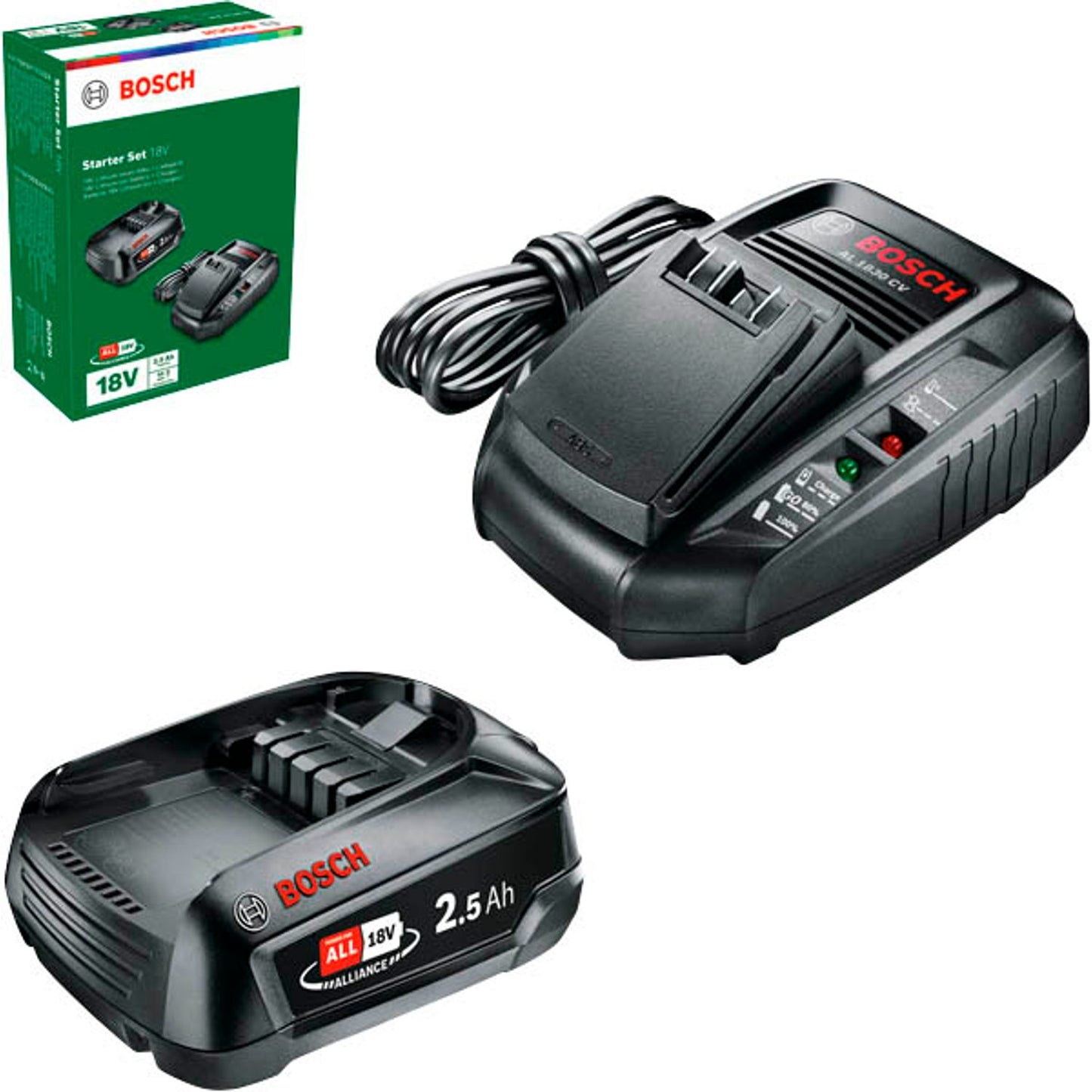 BOSCH Home & Garden Werkzeugakku mit Ladegerät 2,5 Ah + AL 1830CV Li-Ion 2.5 Ah | 1600A031T4