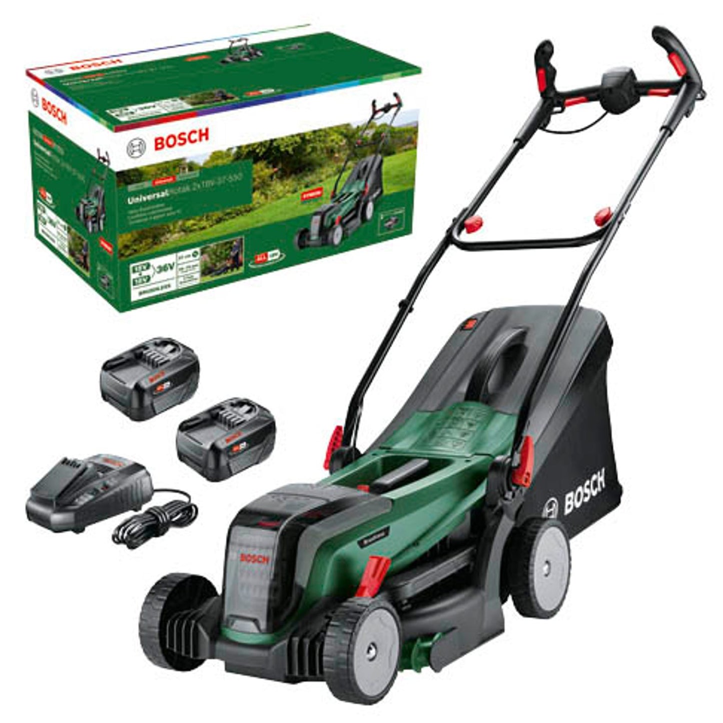 BOSCH Home & Garden UniversalRotak 2x18V-37-550 Akku-Rasenmäher 18,0 V für bis zu 550 m², mit 2 Akkus | 06008B9E00