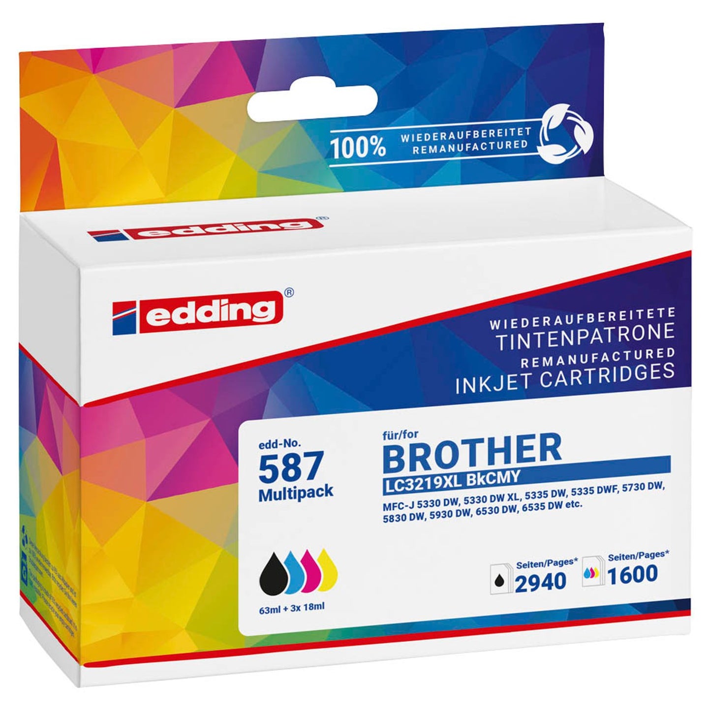 edding EDD-587 schwarz, cyan, magenta, gelb Druckerpatronen kompatibel zu brother LC-3219XLBK/C/M/Y, 4er-Set | 18-587/18-587-01 | 1 Pack = 4 St.
