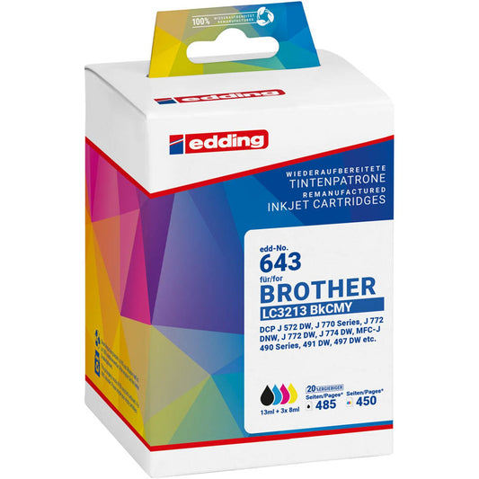 edding EDD-643 schwarz, cyan, magenta, gelb Druckerpatronen kompatibel zu brother LC3213 BKCMY , 4er-Set | 18-643 | 1 Pack = 4 St.