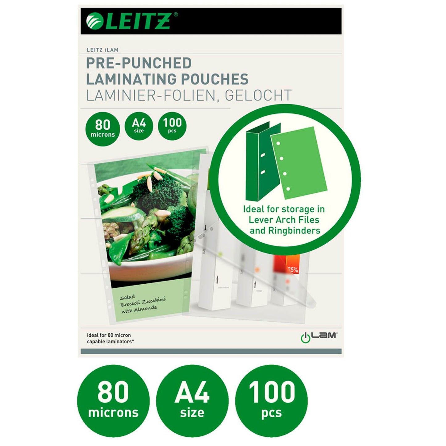 LEITZ Laminierfolien glänzend für A4 80 micron Universal-Lochung | 16918 | 1 Pack = 100 St.
