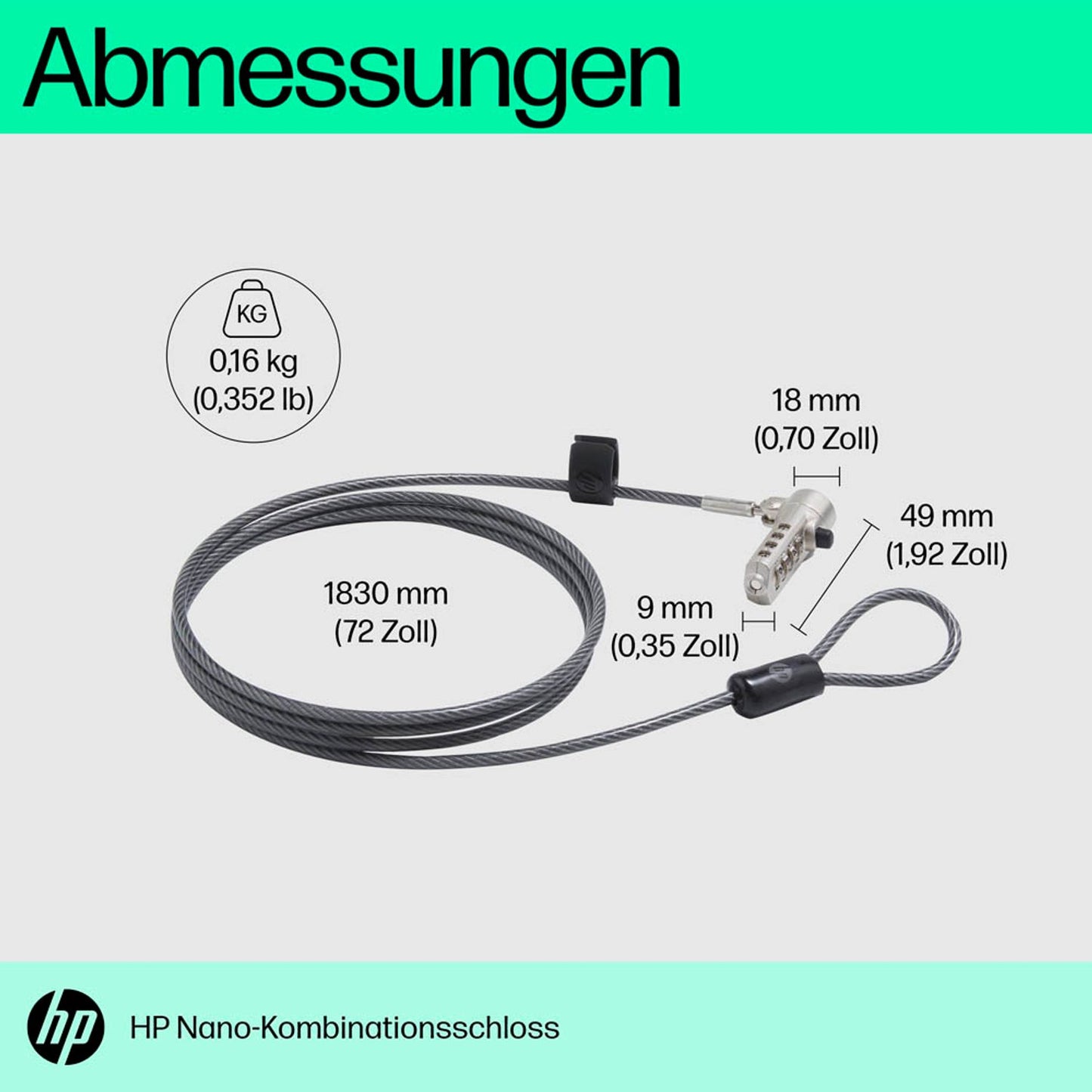 HP Nano Kombi-Diebstahlsicherung Notebookschloss 1,8 m | 63B28AA