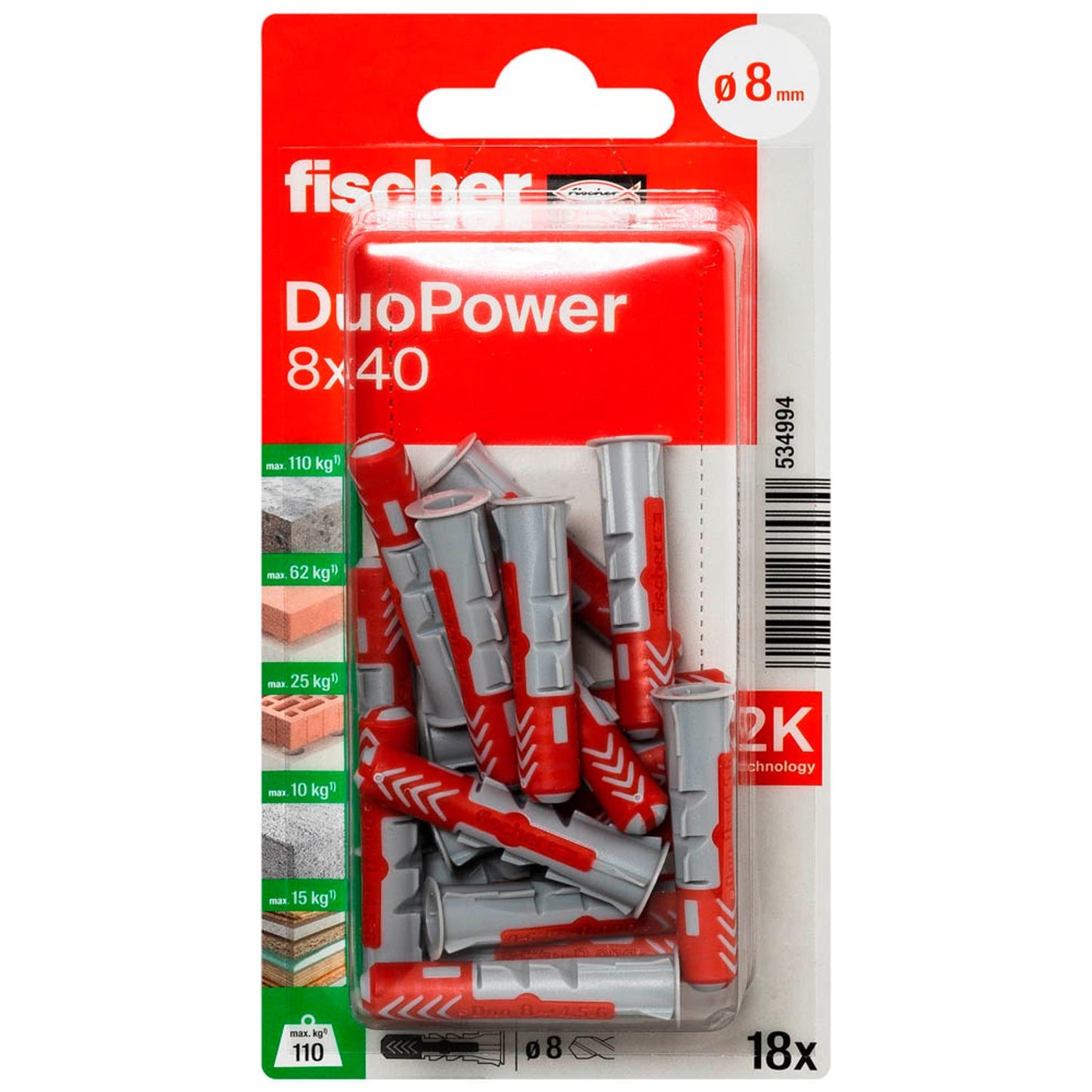 fischer DuoPower 8x40 2K Universaldübel-Sortiment Ø 8 mm x 40 mm | 534994 | 1 Pack = 18 St.