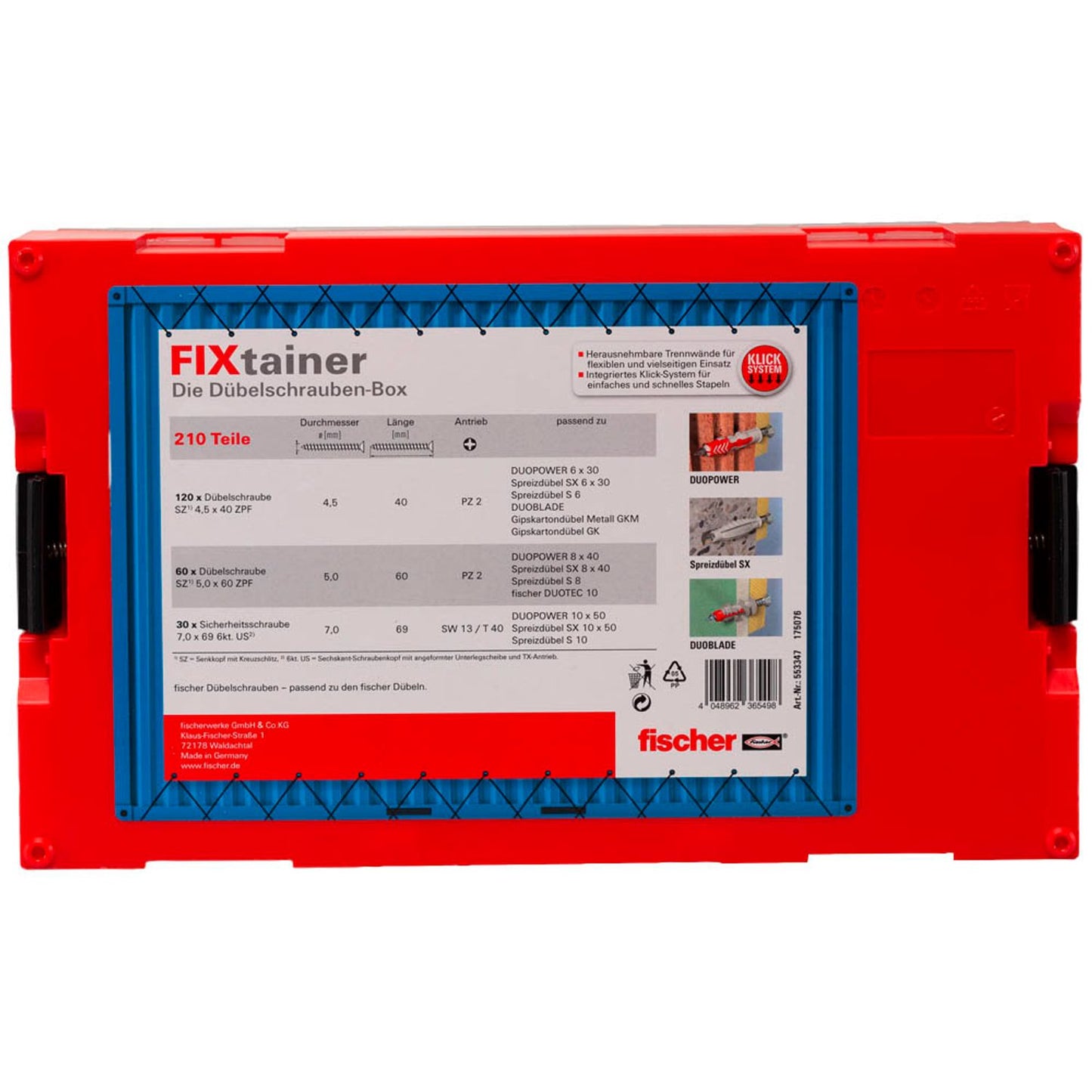 fischer FixTainer Dübel mit Schrauben Ø 4,5/5 mm 40/50 mm | 553347 | 1 Pack = 210 St.
