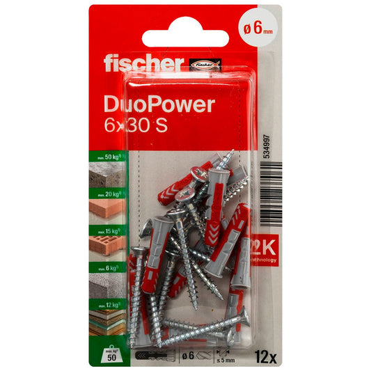 fischer DuoPower 6x30 S 2K Dübel mit Schrauben Ø 6 mm x 30 mm | 534997 | 1 Pack = 12 St.