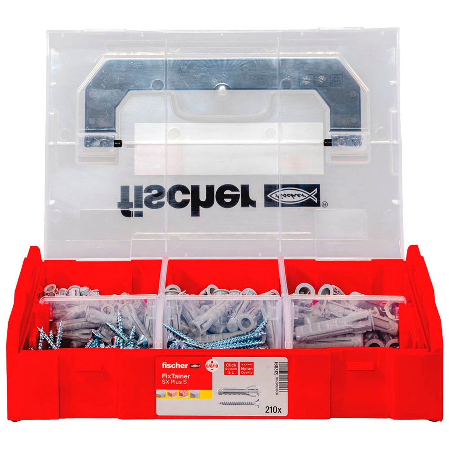 fischer FixTainer - SX Plus S Dübel- und Schrauben-Sortiment Ø 4,5/5/6/8/10 mm 30/40/50/55/70 mm | 532891 | 1 Pack = 210 St.