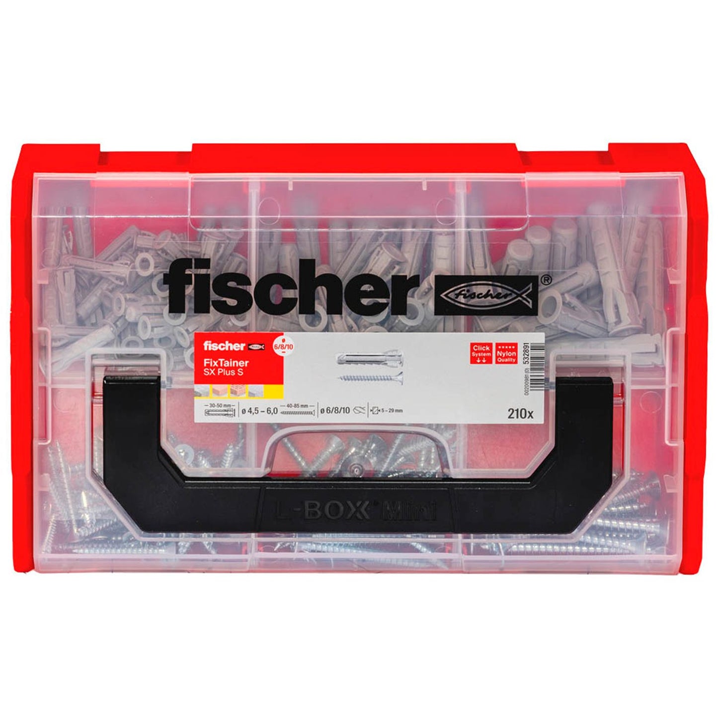fischer FixTainer - SX Plus S Dübel- und Schrauben-Sortiment Ø 4,5/5/6/8/10 mm 30/40/50/55/70 mm | 532891 | 1 Pack = 210 St.