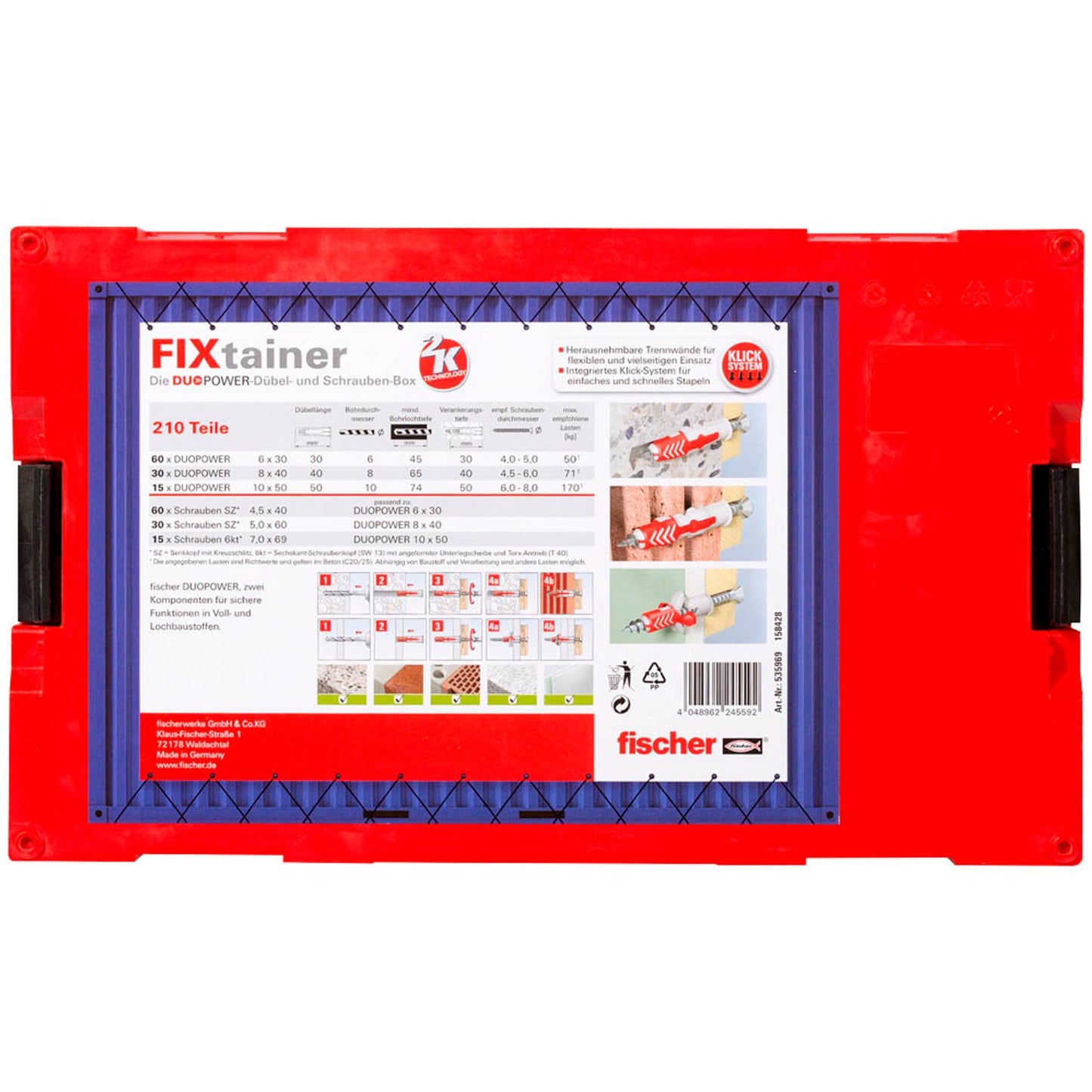 fischer FixTainer 2K Dübel- und Schrauben-Sortiment Ø 4,5/5/6/7/8/10 mm 30/40/50/55/69 mm | 535969 | 1 Pack = 210 St.