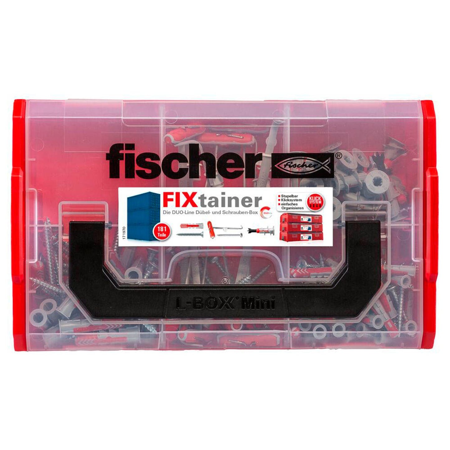 fischer FixTainer - DuoLine + S K2 Dübel- und Schrauben-Sortiment Ø 4,5/5/6/8/10 mm 10/30/40/55/60 mm | 548862 | 1 Pack = 181 St.