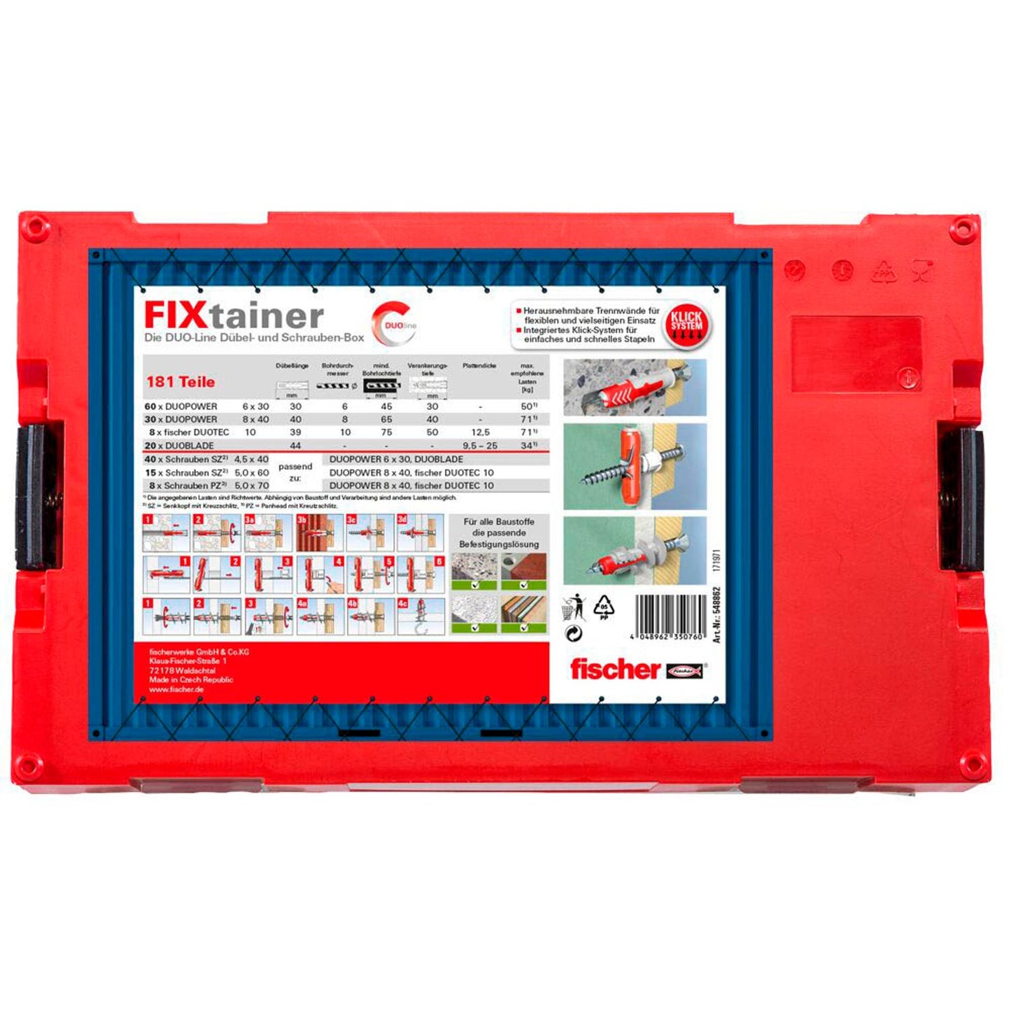 fischer FixTainer - DuoLine + S K2 Dübel- und Schrauben-Sortiment Ø 4,5/5/6/8/10 mm 10/30/40/55/60 mm | 548862 | 1 Pack = 181 St.