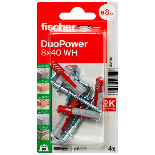 fischer DuoPower 8x40 WH 2K Dübel mit Schrauben Ø 8 mm x 40 mm | 535001 | 1 Pack = 4 St.