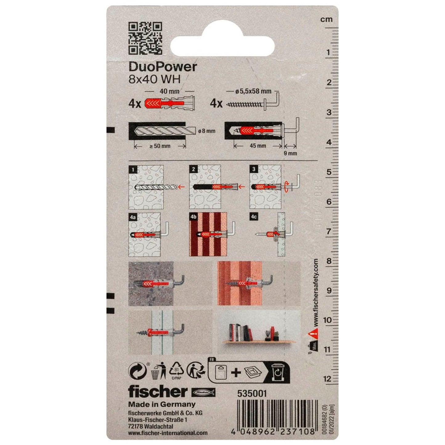 fischer DuoPower 8x40 WH 2K Dübel mit Schrauben Ø 8 mm x 40 mm | 535001 | 1 Pack = 4 St.