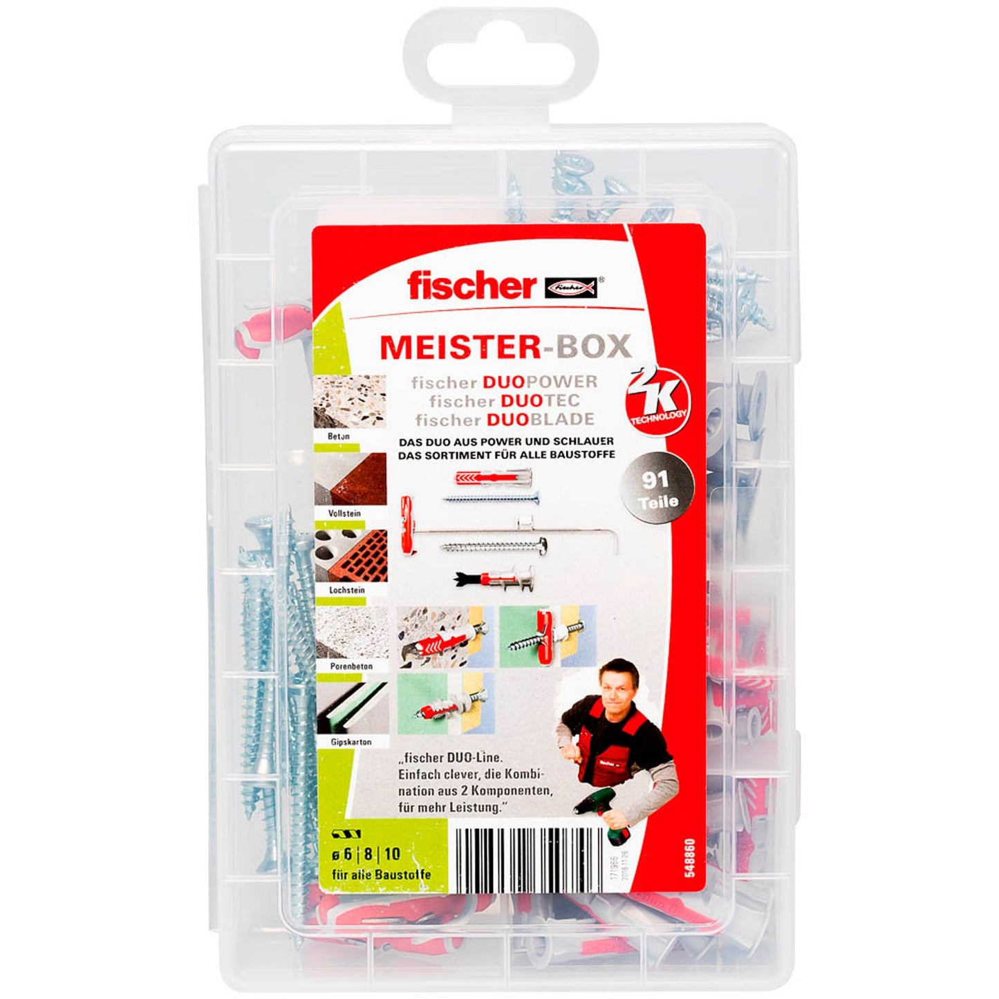 fischer Meister-Box - DuoLine 2K Dübel- und Schrauben-Sortiment Ø 4/4,5/5/6/8/10 mm 10/30/40/55/60 mm | 548860 | 1 Pack = 91 St.