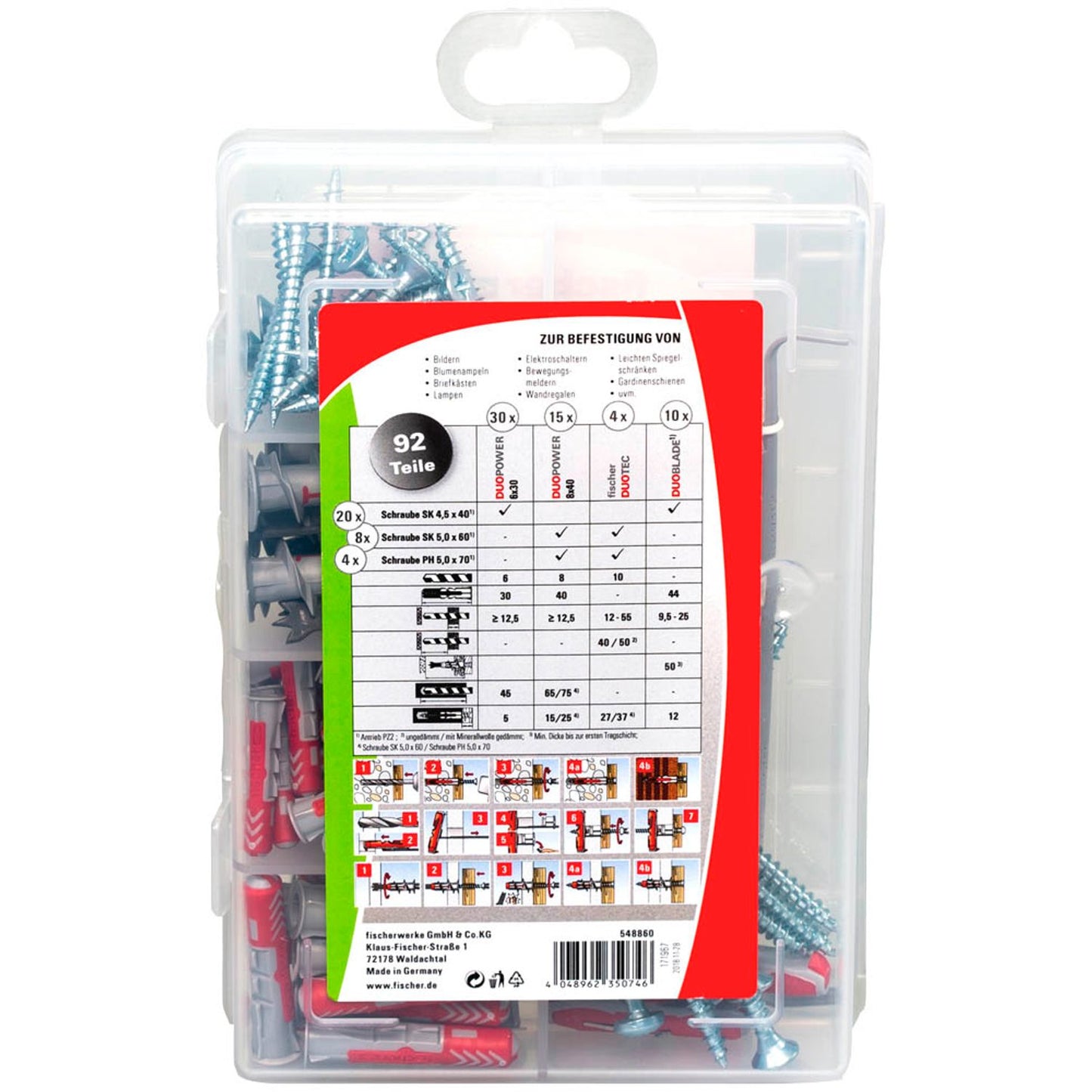 fischer Meister-Box - DuoLine 2K Dübel- und Schrauben-Sortiment Ø 4/4,5/5/6/8/10 mm 10/30/40/55/60 mm | 548860 | 1 Pack = 91 St.