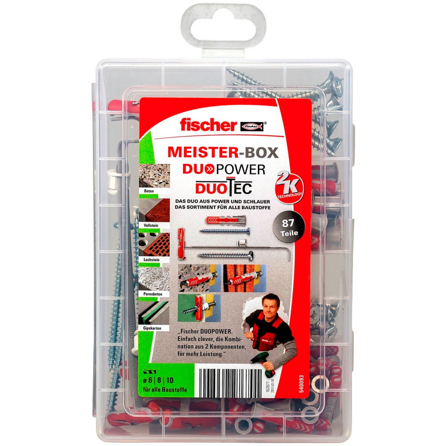 fischer Meister-Box - DuoPower/DuoTec + S 2K Dübel- und Schrauben-Sortiment Ø 4,5/5/6/8 mm 20/30/40/55/60 mm | 540093 | 1 Pack = 87 St.