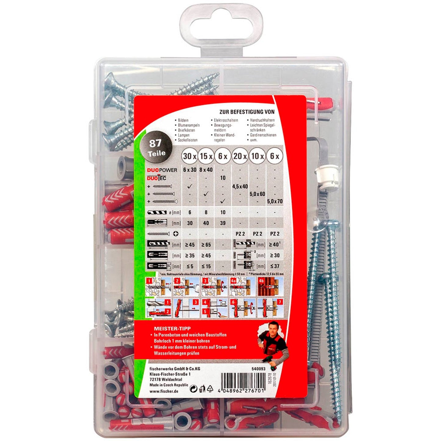 fischer Meister-Box - DuoPower/DuoTec + S 2K Dübel- und Schrauben-Sortiment Ø 4,5/5/6/8 mm 20/30/40/55/60 mm | 540093 | 1 Pack = 87 St.