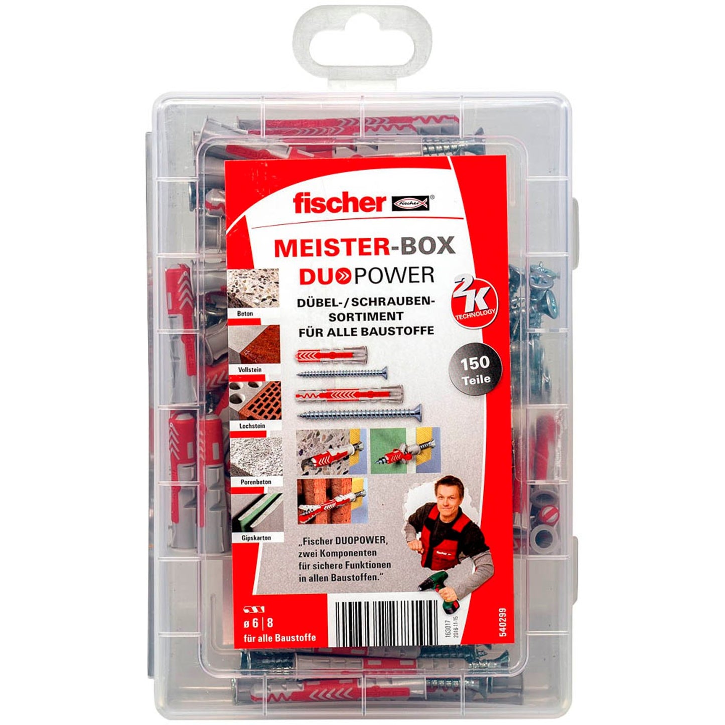 fischer Meister-Box-DuoPower kurz/lang + S 2K Dübel- und Schrauben-Sortiment Ø 4,5/5/6/8 mm 30/40/50/55/60/65/80 mm | 540299