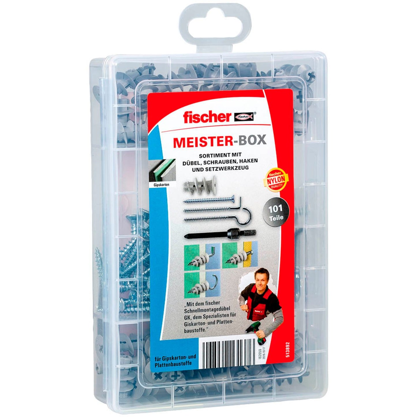 fischer Meister-Box - GK + S + H Dübel- und Schrauben-Sortiment Ø 4,5/4,2/4 mm 35/40/46 mm | 513892 | 1 Pack = 100 St.
