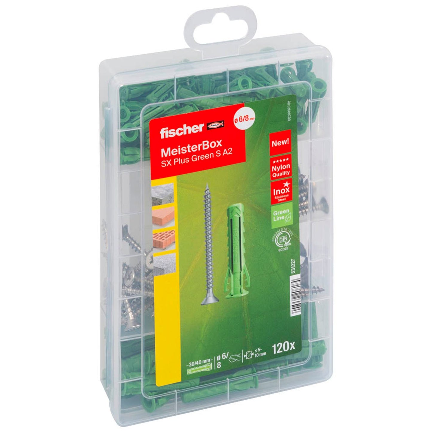 fischer Meister-Box - SX Plus Green S A2 Dübel- und Schrauben-Sortiment Ø 4,5/5/6/8 mm 30/40/55 mm | 531227 | 1 Pack = 120 St.