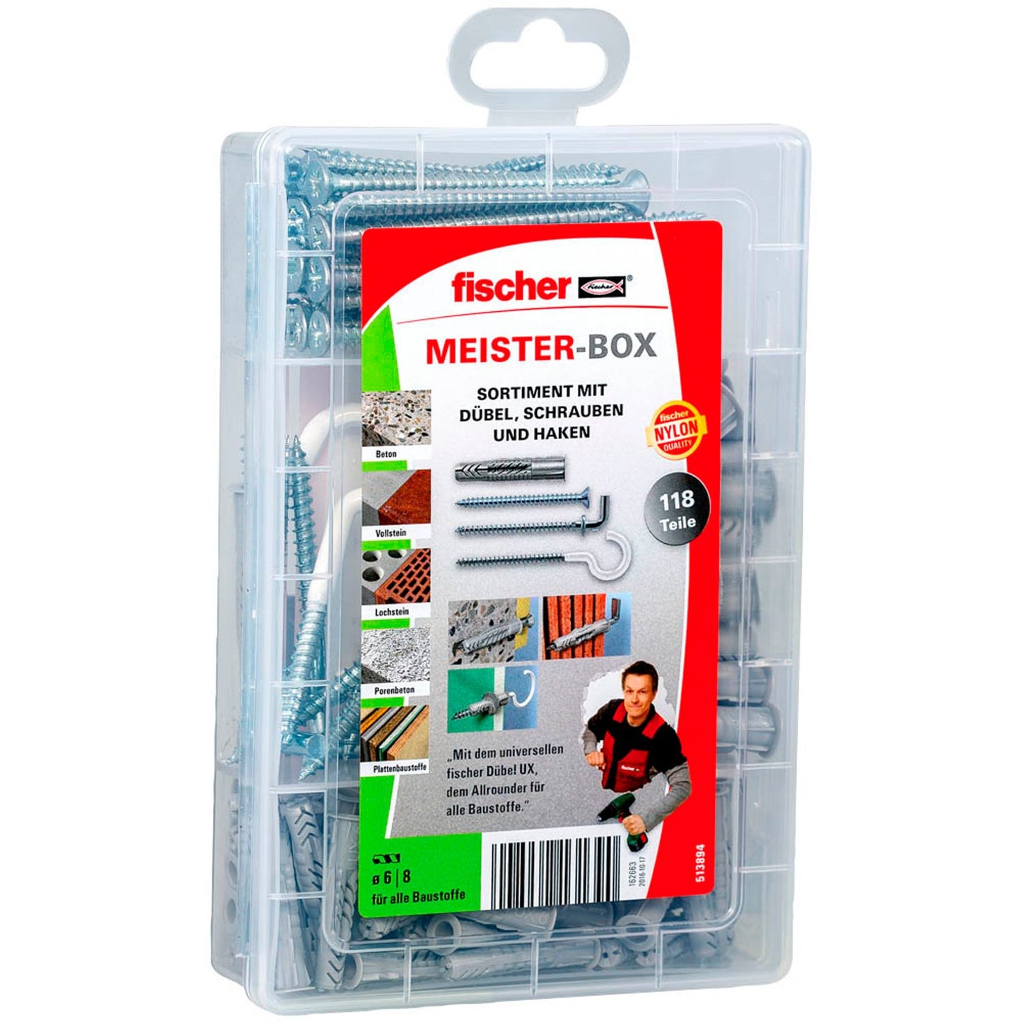 fischer Meister-Box - UX + S + H Dübel- und Schrauben-Sortiment Ø 6/8/4,5/5/5,5 mm 35/45/50/65/70 mm | 513894