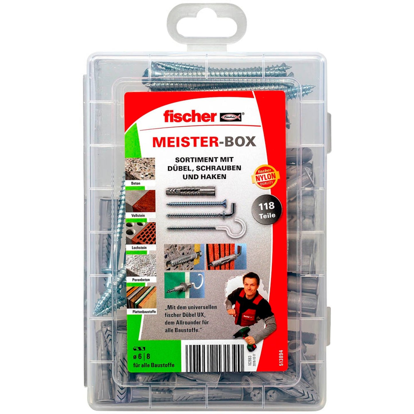 fischer Meister-Box - UX + S + H Dübel- und Schrauben-Sortiment Ø 6/8/4,5/5/5,5 mm 35/45/50/65/70 mm | 513894
