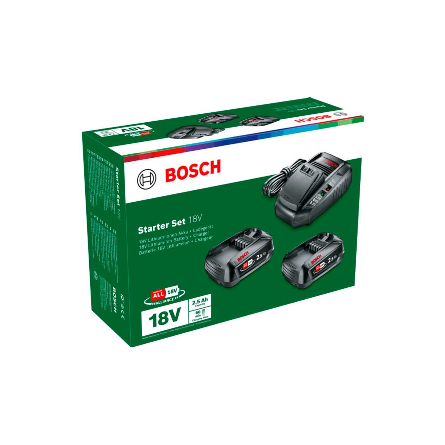 BOSCH Home & Garden Werkzeugakkus mit Ladegerät Starter-Set 18V Li-Ion 2x 2,5 Ah | 1600A031T5