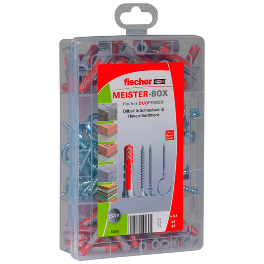 fischer Meister-Box - DuoPower + S + H Dübel- und Schrauben-Sortiment Ø 4,5/5/5,5/6/8 mm 30/40/55/58/77 mm | 541507 | 1 Pack = 133 St.