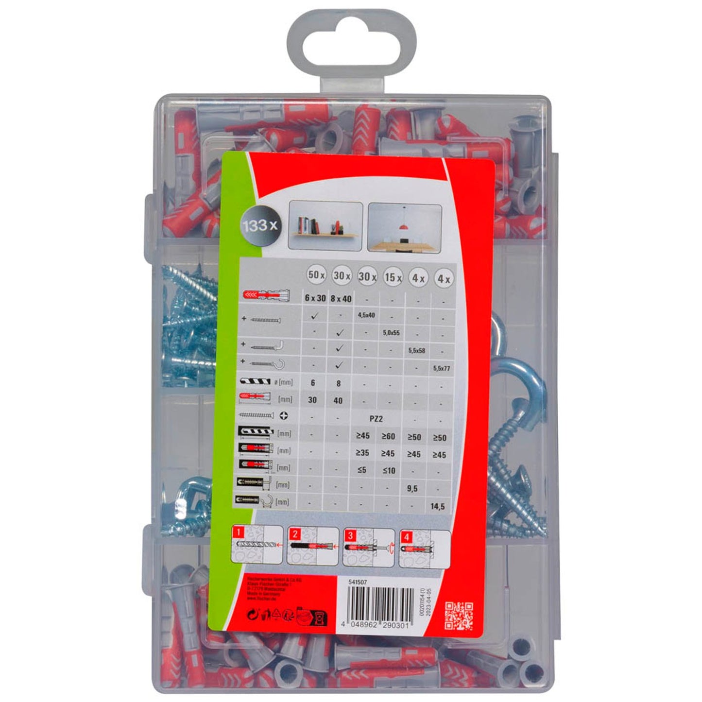 fischer Meister-Box - DuoPower + S + H Dübel- und Schrauben-Sortiment Ø 4,5/5/5,5/6/8 mm 30/40/55/58/77 mm | 541507 | 1 Pack = 133 St.
