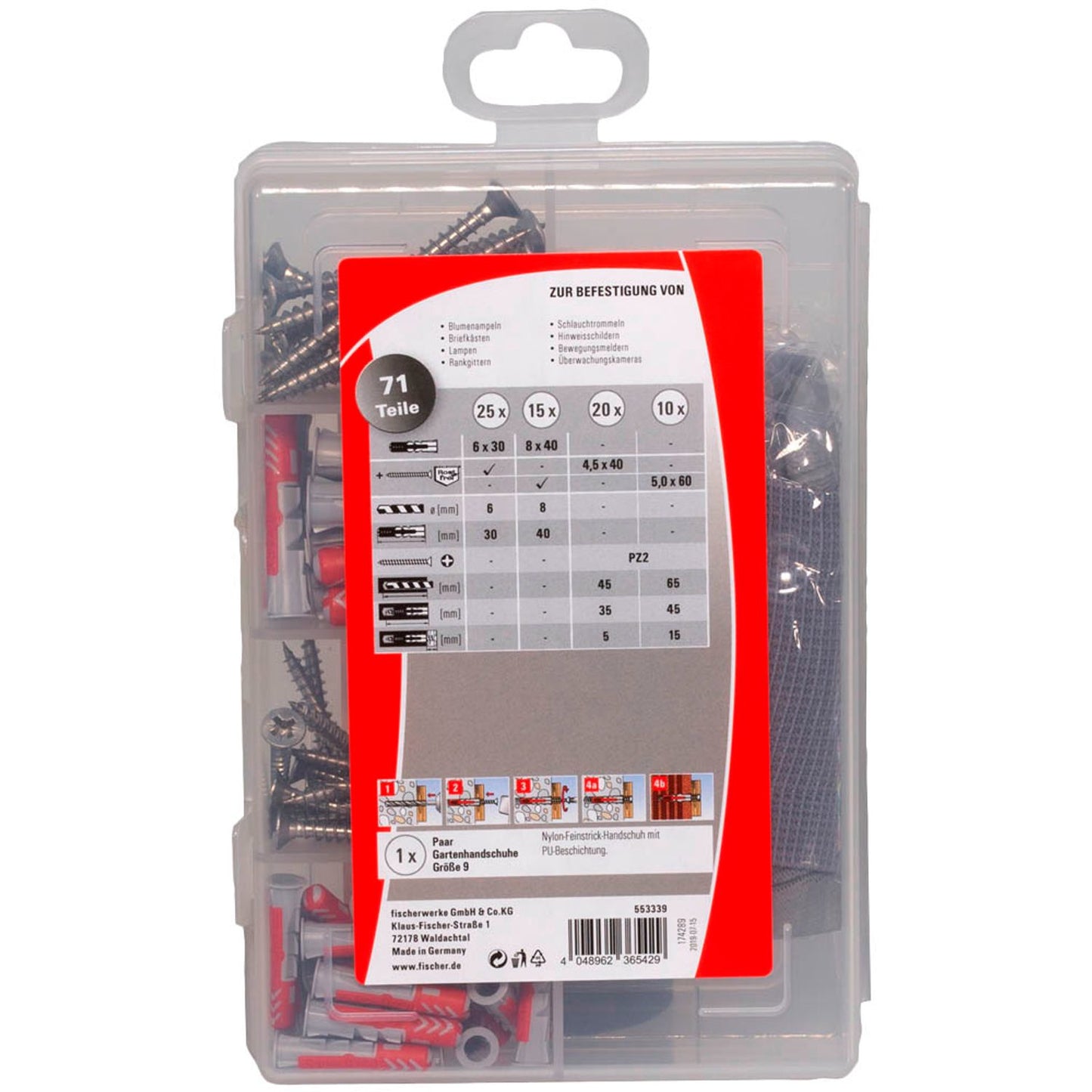 fischer Praktische Helfer - Garten Dübel- und Schrauben-Sortiment Ø 4,5/5/6/8 mm 30/40 mm | 553339 | 1 Pack = 71 St.