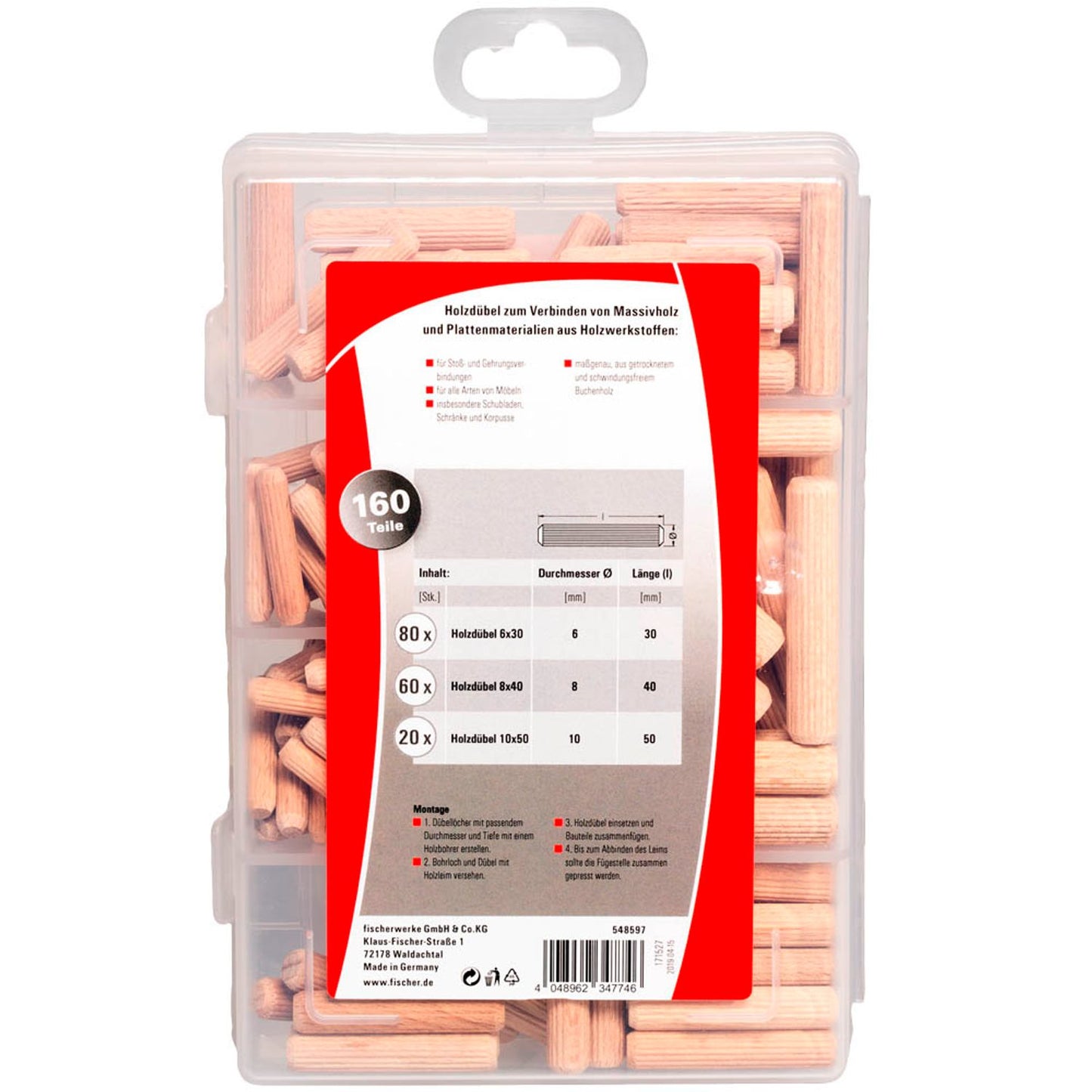 fischer Praktische Helfer Holzdübel-Sortiment Ø 6/8/10 mm 30/40/50 mm | 548597 | 1 Pack = 160 St.