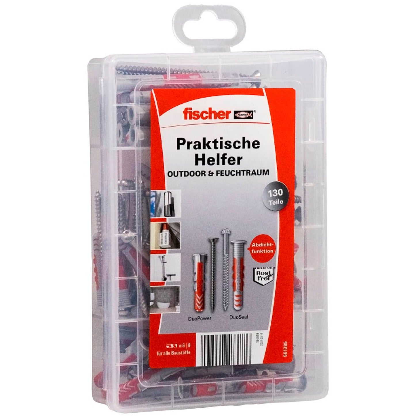 fischer Praktische Helfer - Outdoor/Feuchtraum Dübel- und Schrauben-Sortiment Ø 4,5/5/6/8 mm 30/38/40/55/65 mm | 561385 | 1 Pack = 130 St.