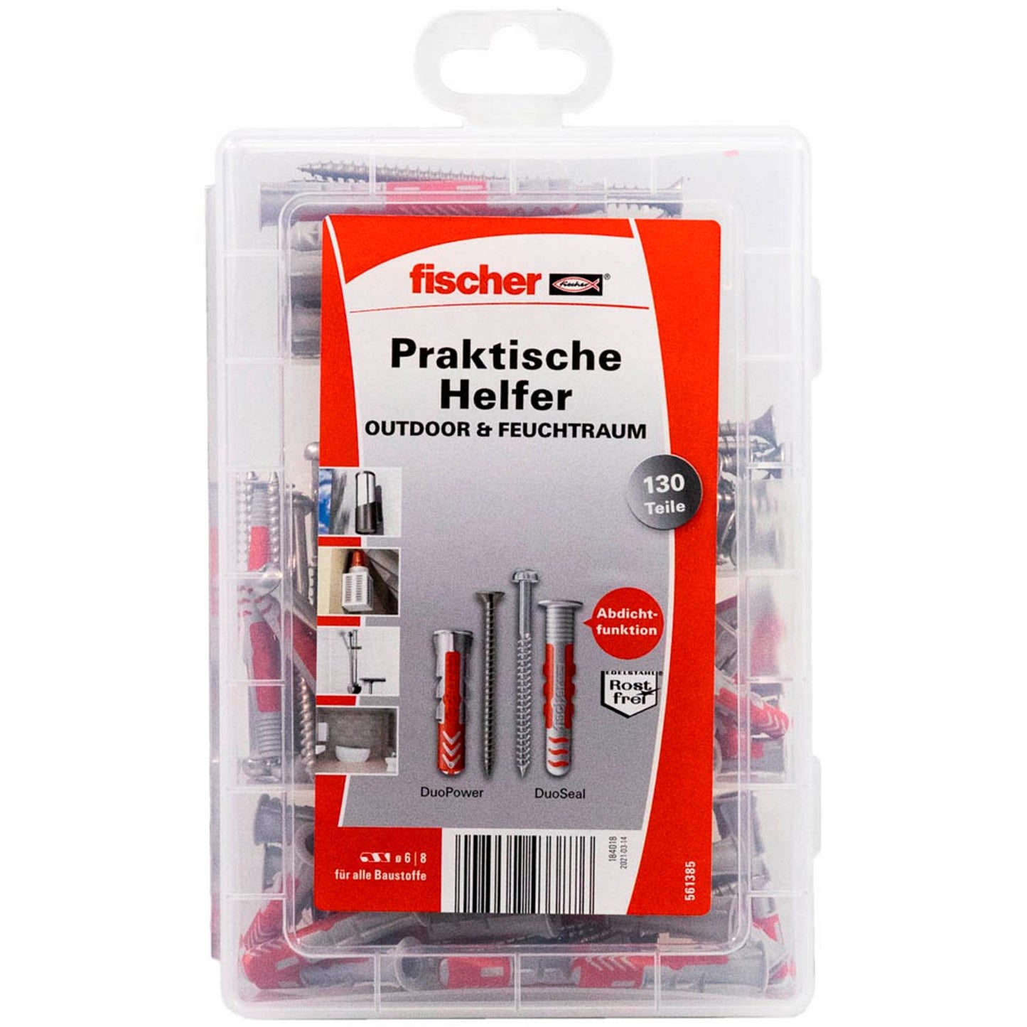 fischer Praktische Helfer - Outdoor/Feuchtraum Dübel- und Schrauben-Sortiment Ø 4,5/5/6/8 mm 30/38/40/55/65 mm | 561385 | 1 Pack = 130 St.