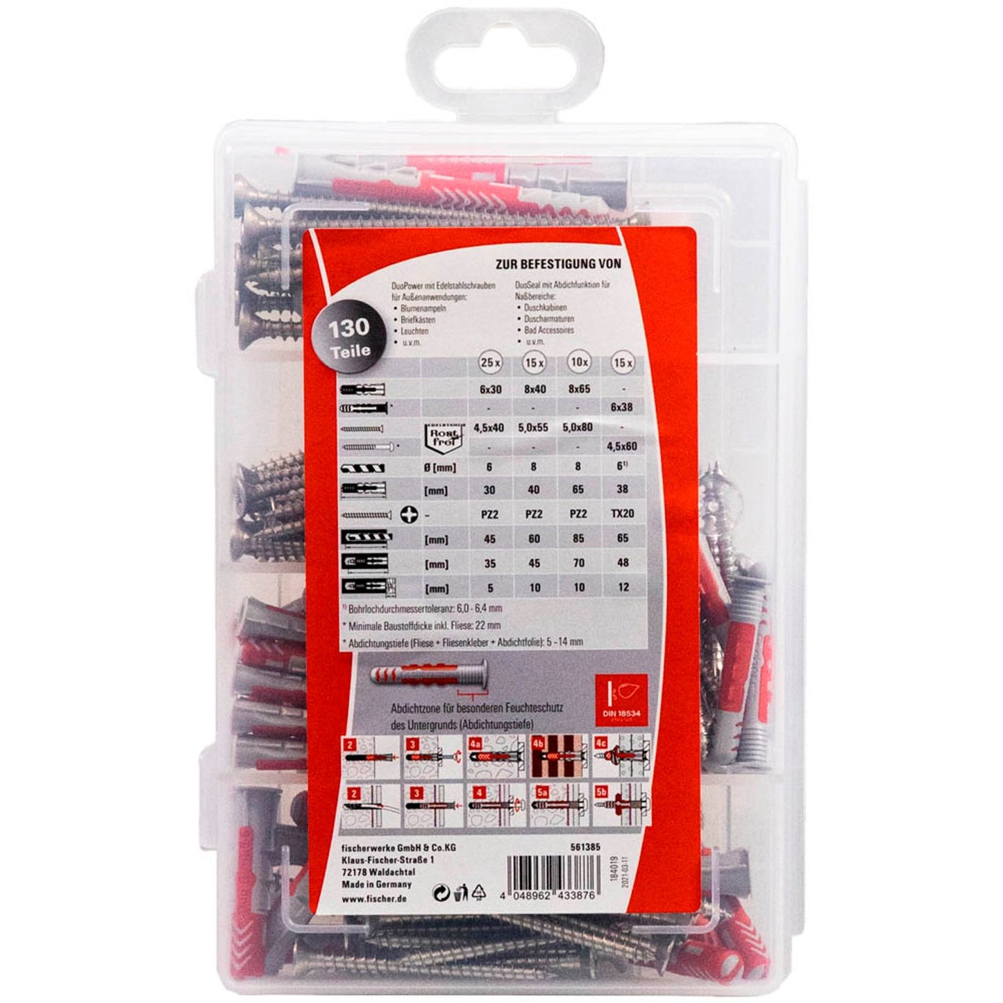 fischer Praktische Helfer - Outdoor/Feuchtraum Dübel- und Schrauben-Sortiment Ø 4,5/5/6/8 mm 30/38/40/55/65 mm | 561385 | 1 Pack = 130 St.