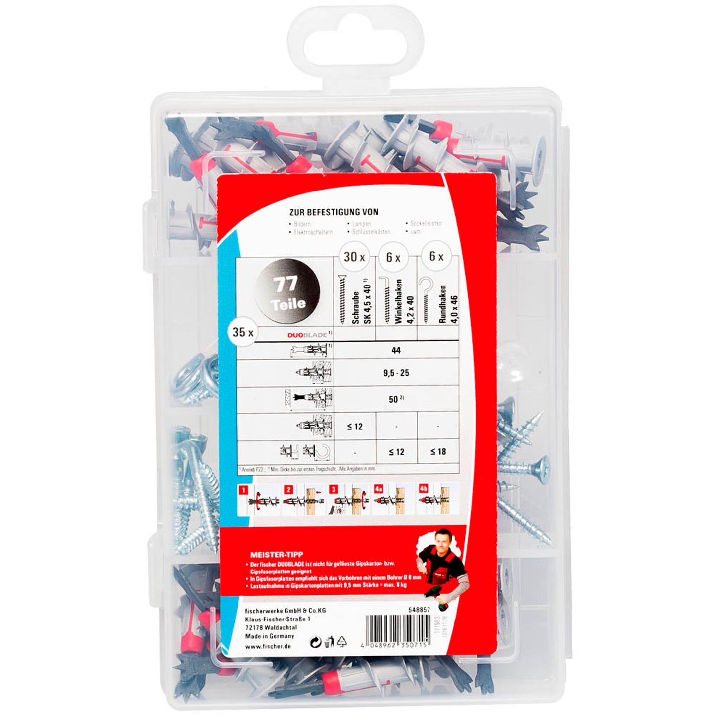 fischer Meister-Box - DuoBlade Dübel- und Schrauben-Sortiment Ø 4/4,2/4,5 mm 40/46 mm | 548857 | 1 Pack = 77 St.