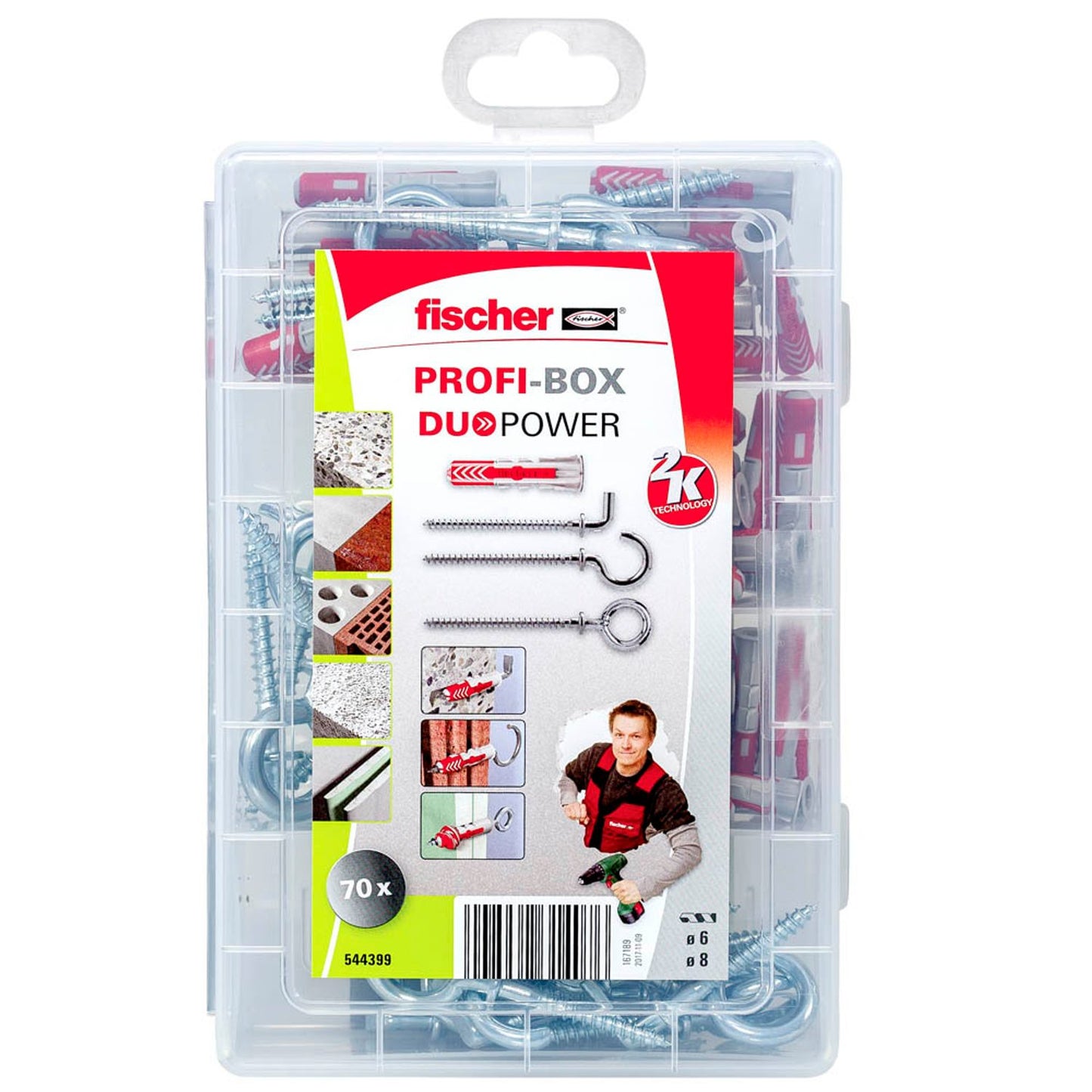 fischer Profi-Box - DuoPower 2K Dübel- und Schrauben-Sortiment Ø 4,5/5,5/6/8 mm 30/40/47/58/63/77 mm | 544399 | 1 Pack = 70 St.