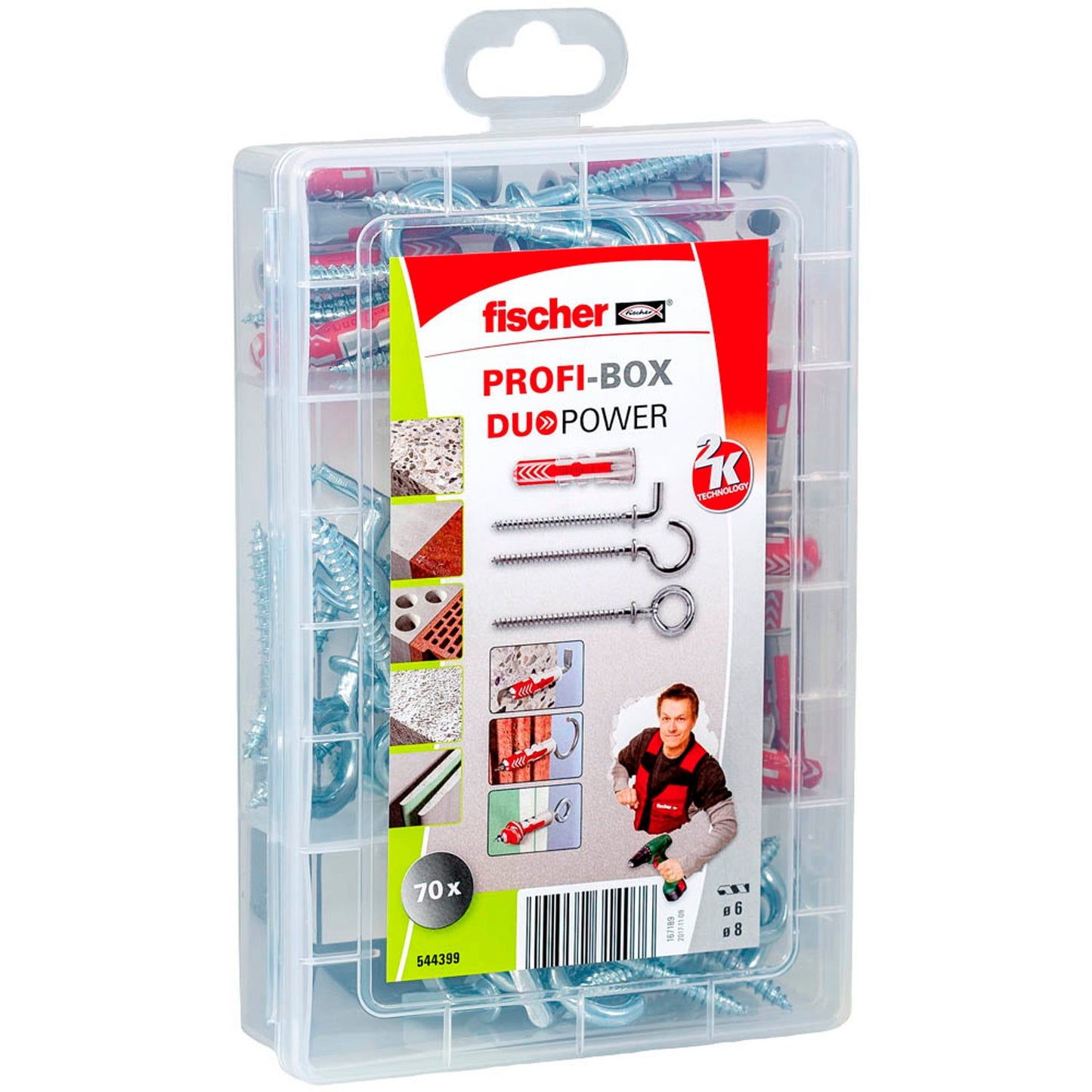 fischer Profi-Box - DuoPower 2K Dübel- und Schrauben-Sortiment Ø 4,5/5,5/6/8 mm 30/40/47/58/63/77 mm | 544399 | 1 Pack = 70 St.