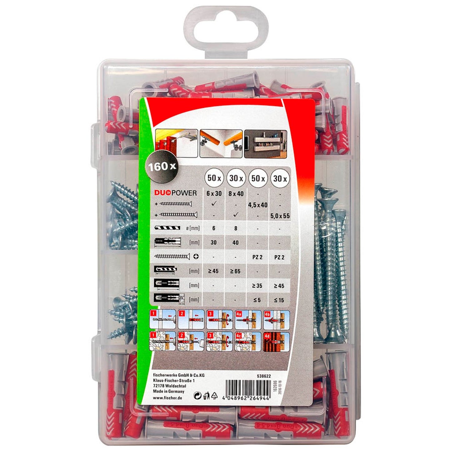 fischer Profi-Box DuoPower + S 2K Universaldübel-Sortiment Ø 4,5/5/6/8 mm 30/40/55 mm | 538622 | 1 Pack = 160 St.