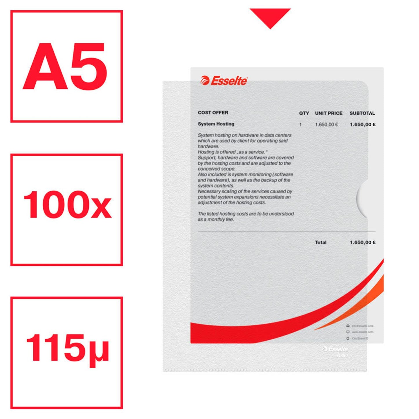 Esselte Sichthüllen Standard Plus DIN A5 transparent genarbt 0,12 mm | 54850 | 1 Pack = 100 St.
