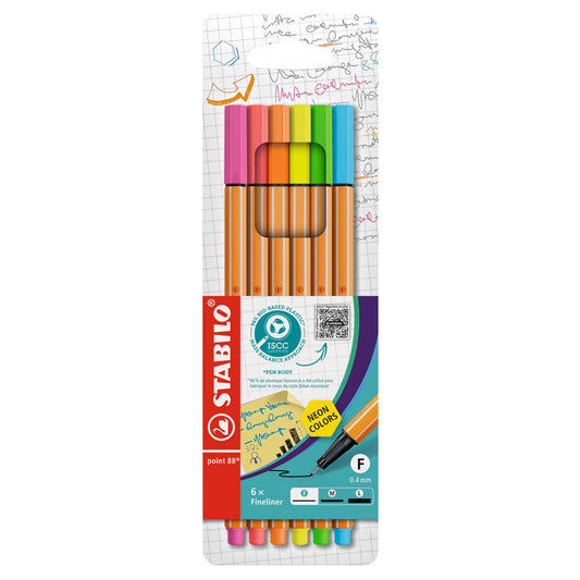 STABILO point 88 NEON Fineliner farbsortiert 0,4 mm | EO88/6-1 | 1 Pack = 6 St.