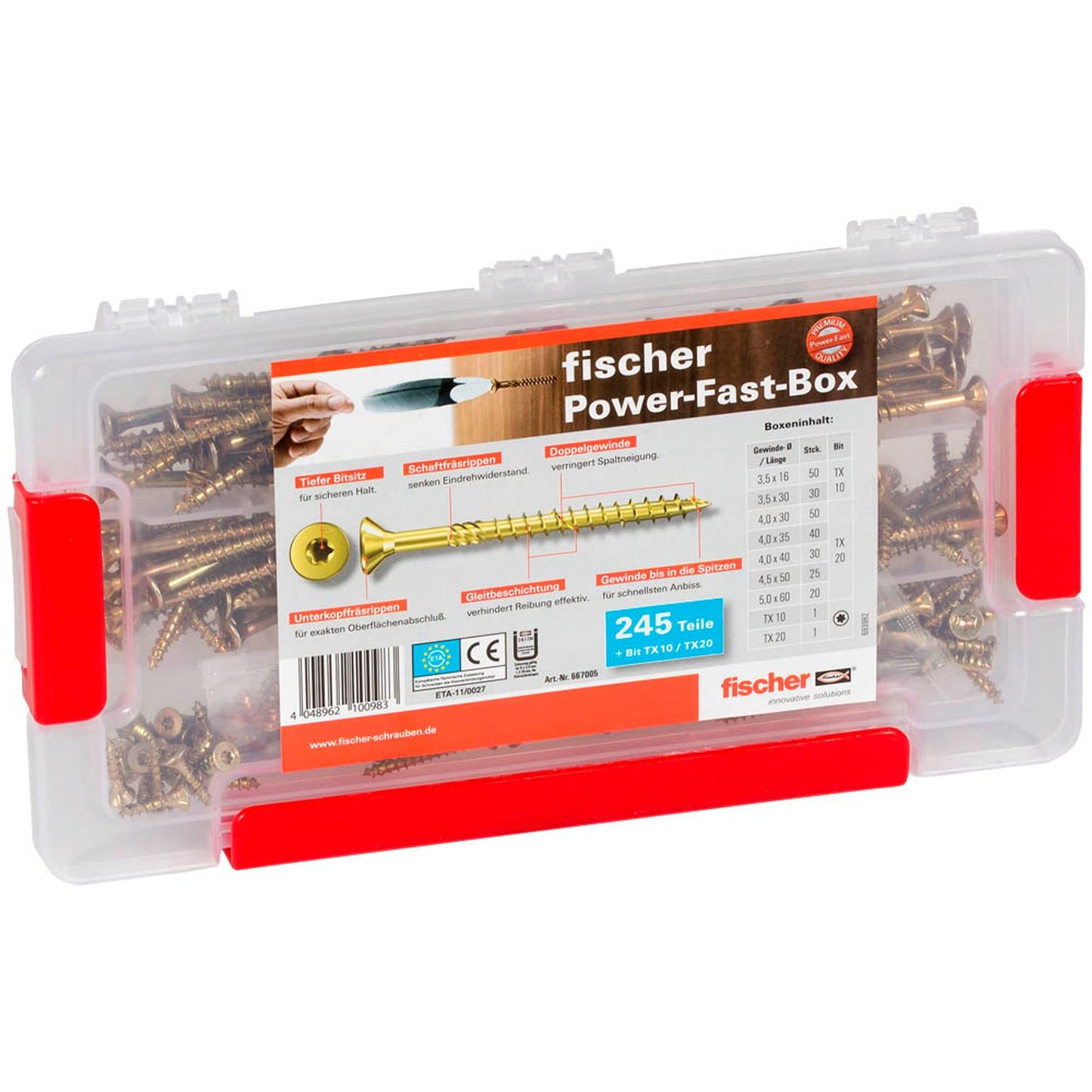 fischer Holzschrauben Sortiment PowerFast-Box FPF 3,5 mm x 50 mm | 667005 | 1 Pack = 245 St.