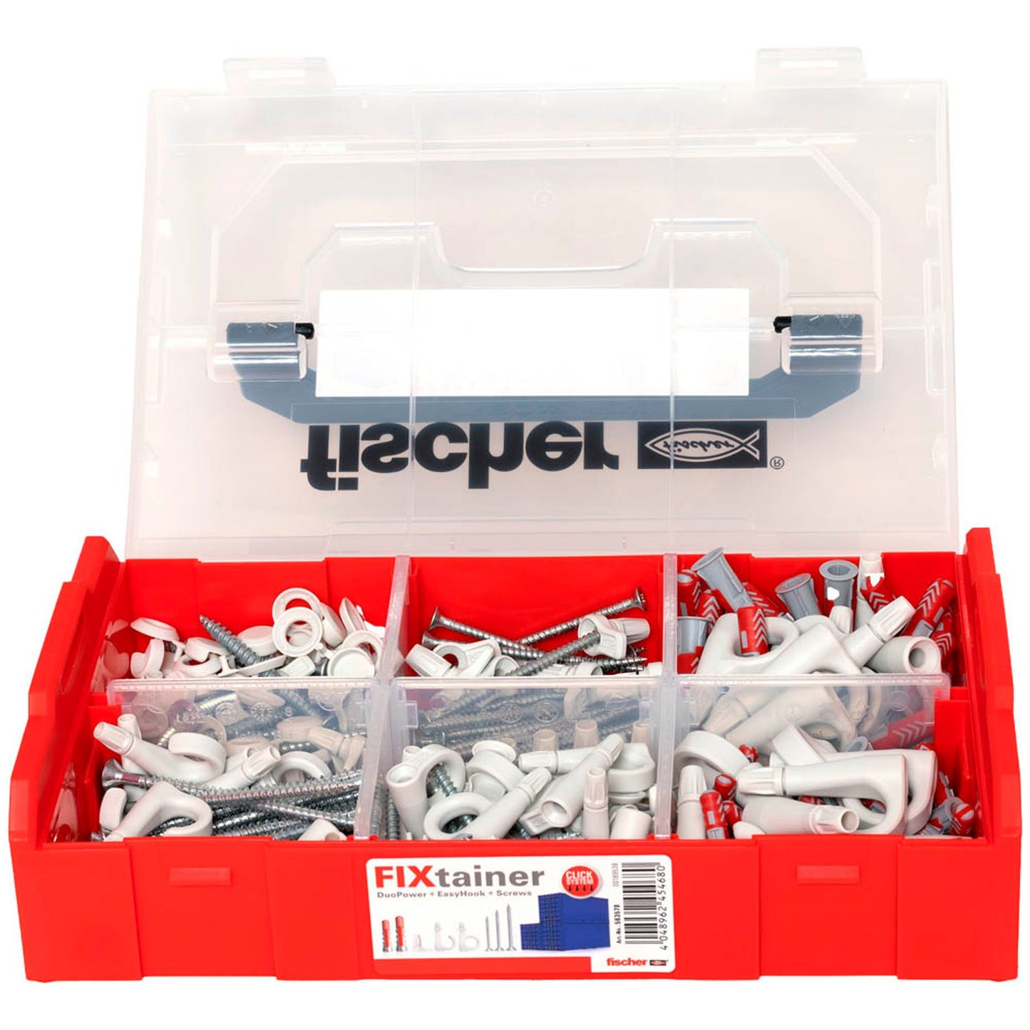 fischer FixTainer - EasyHook 2K Dübel- und Schrauben-Sortiment Ø 4/5/6/8 mm 30/40/50/60/70/80 mm | 563578 | 1 Pack = 228 St.