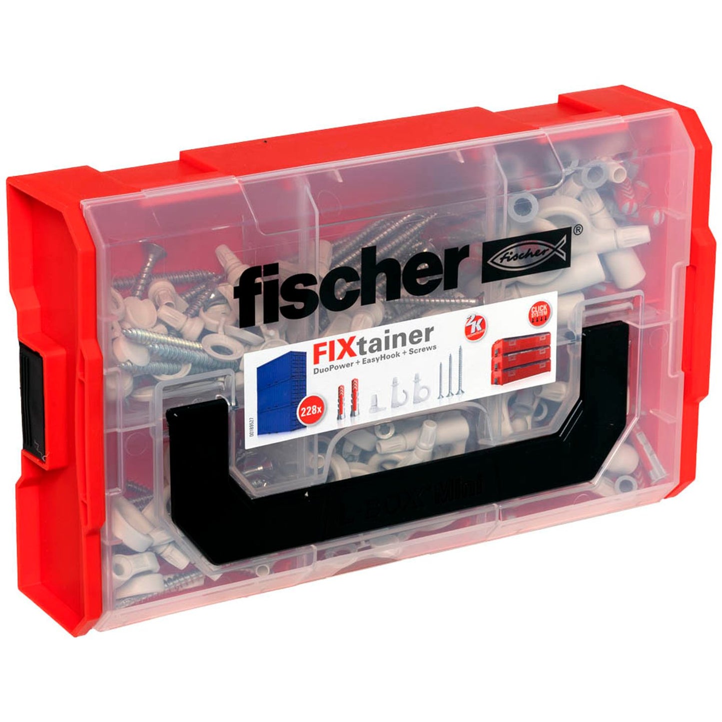 fischer FixTainer - EasyHook 2K Dübel- und Schrauben-Sortiment Ø 4/5/6/8 mm 30/40/50/60/70/80 mm | 563578 | 1 Pack = 228 St.